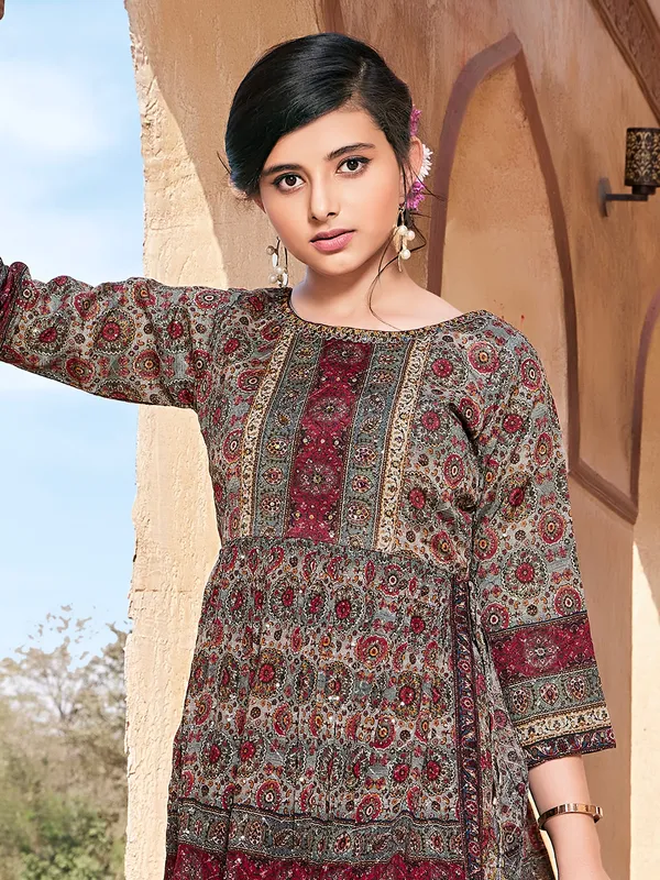 Grey silk sharara suit in printed