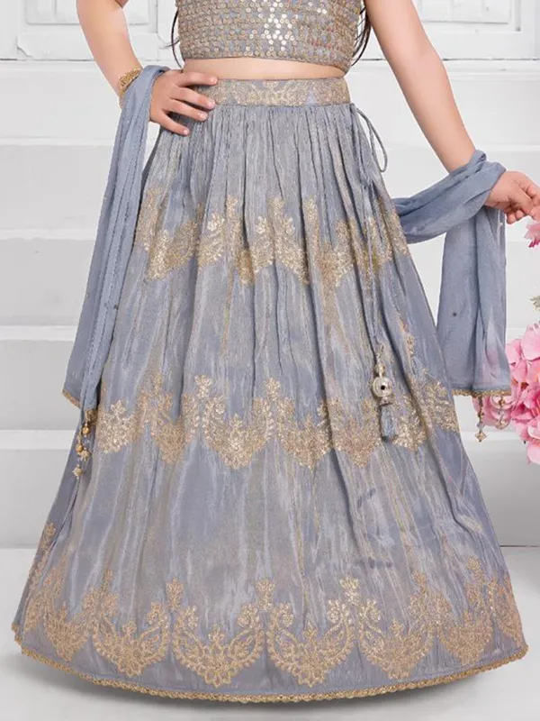 Grey silk sleeveless lehenga choli with dupatta