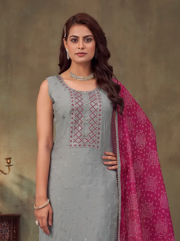 Grey silk straight cut salwar suit with dupatta