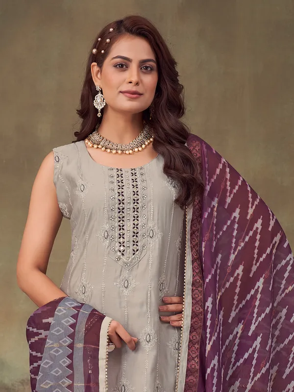 Grey silk straight cut suit with aabla and dupatta