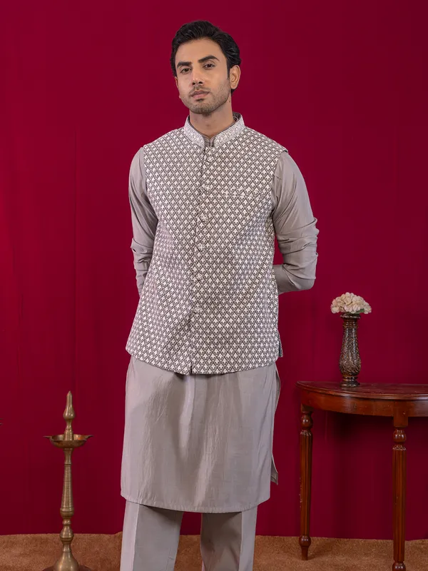 Grey silk waistcoat set for men wedding wear