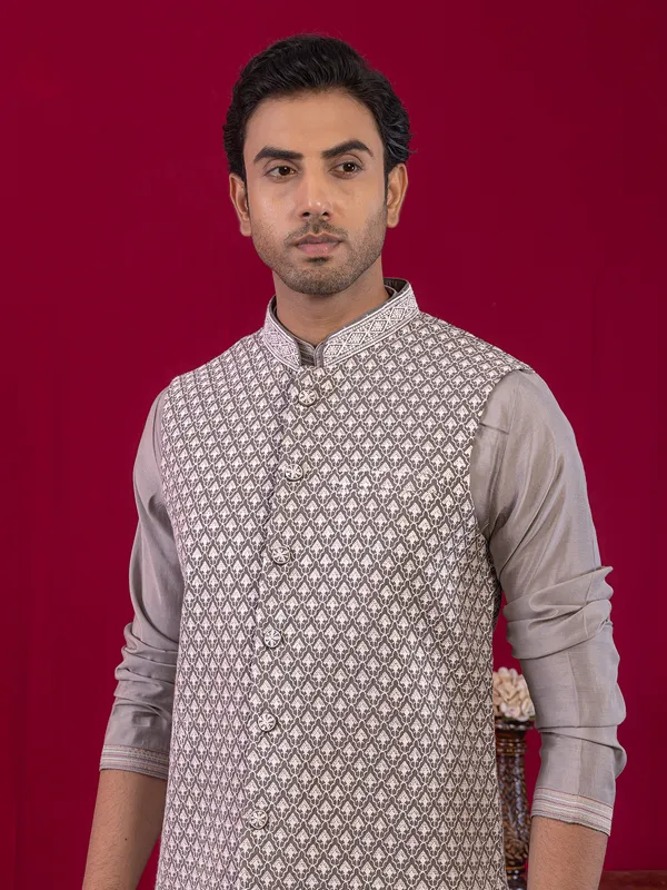 Grey silk waistcoat set for men wedding wear