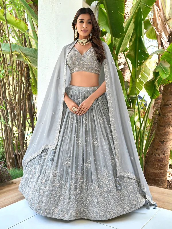 Grey silk wedding wear lehenga choli with resham work