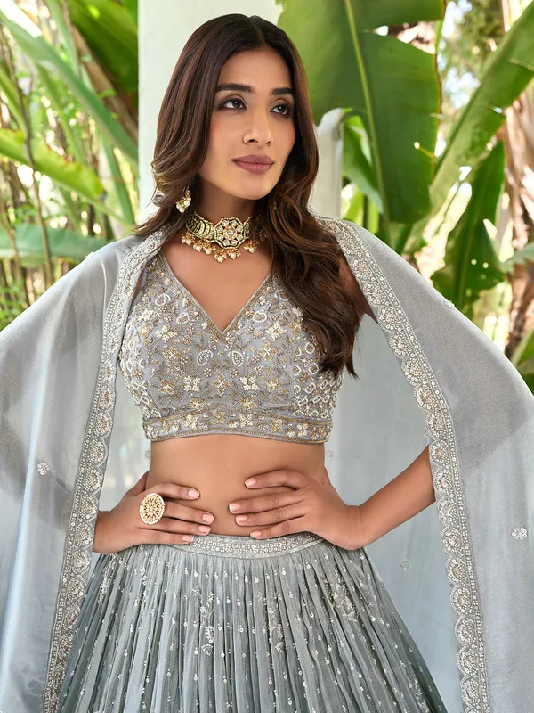 Grey silk wedding wear lehenga choli with resham work