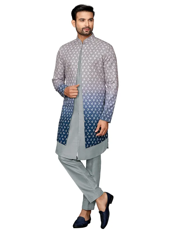 Grey silk wedding wear printed indowestern