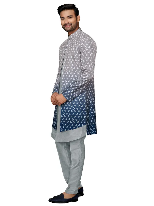 Grey silk wedding wear printed indowestern