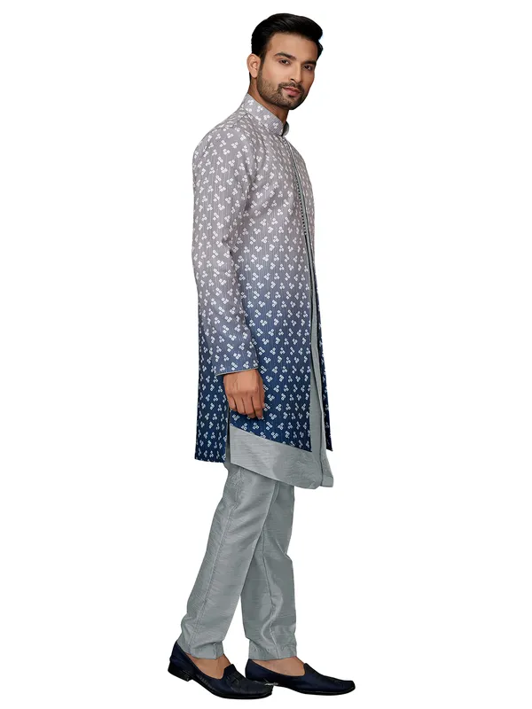 Grey silk wedding wear printed indowestern