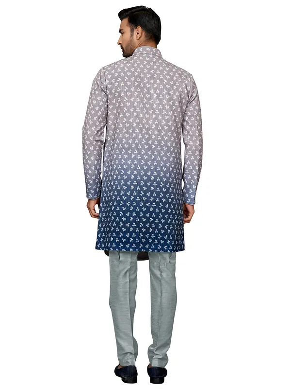 Grey silk wedding wear printed indowestern