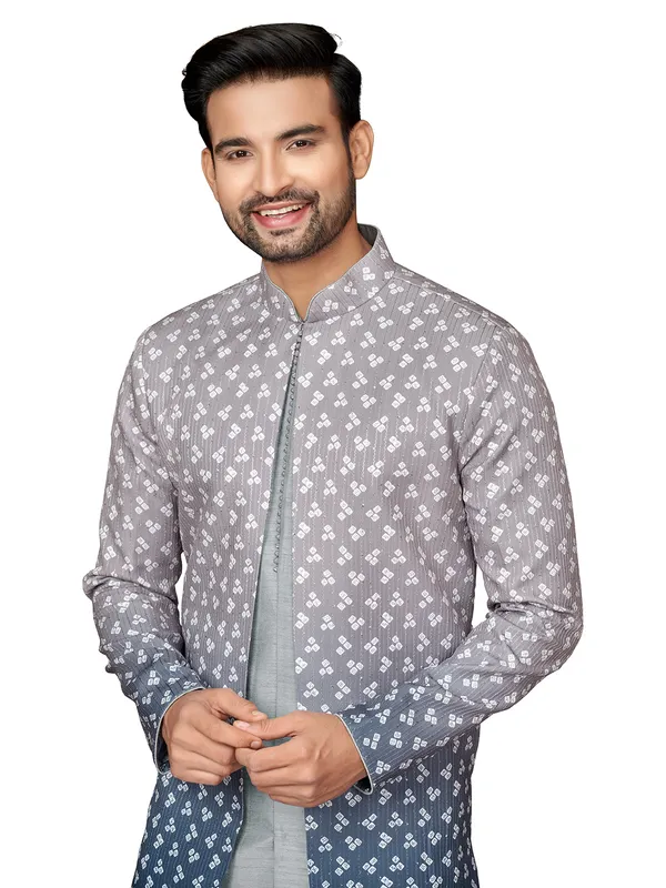 Grey silk wedding wear printed indowestern