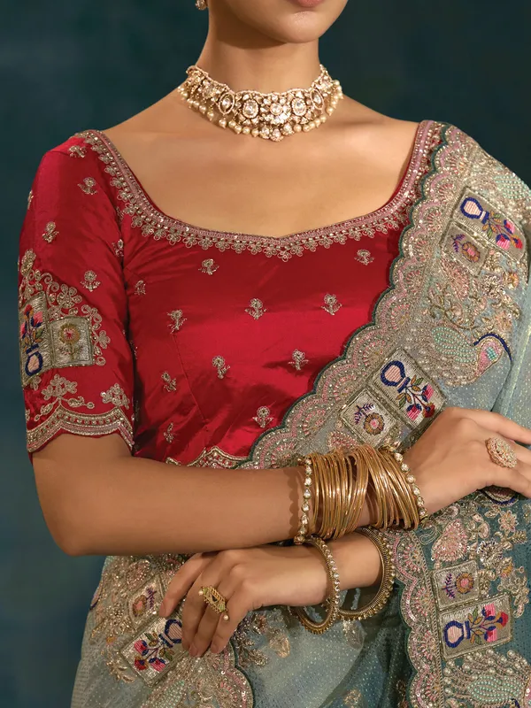 Grey silk wedding wear saree with maroon blouse