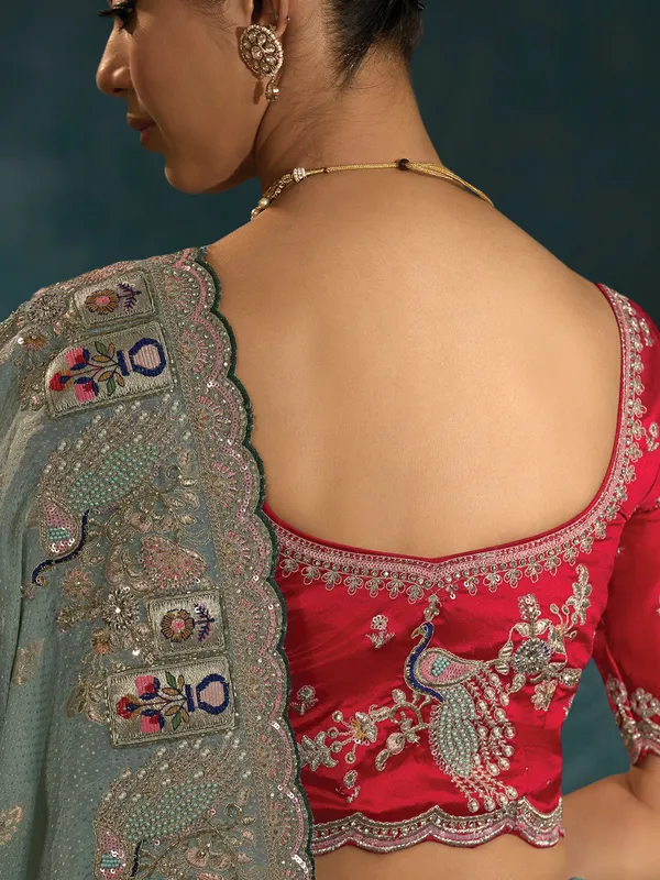Grey silk wedding wear saree with maroon blouse