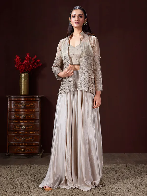 Grey silk women indowestern suit with jacket