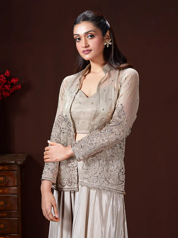 Grey silk women indowestern suit with jacket