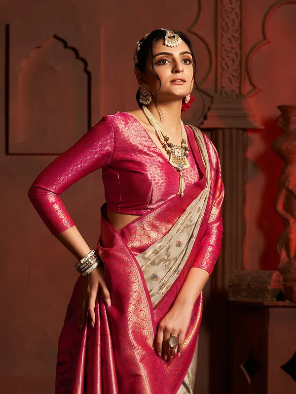 Grey silk zari weaving minakari saree