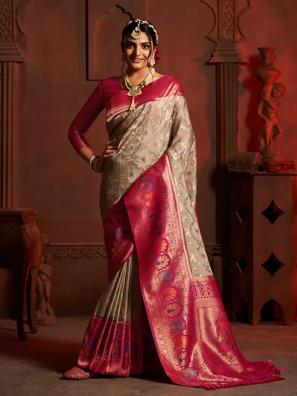 Grey silk zari weaving minakari saree