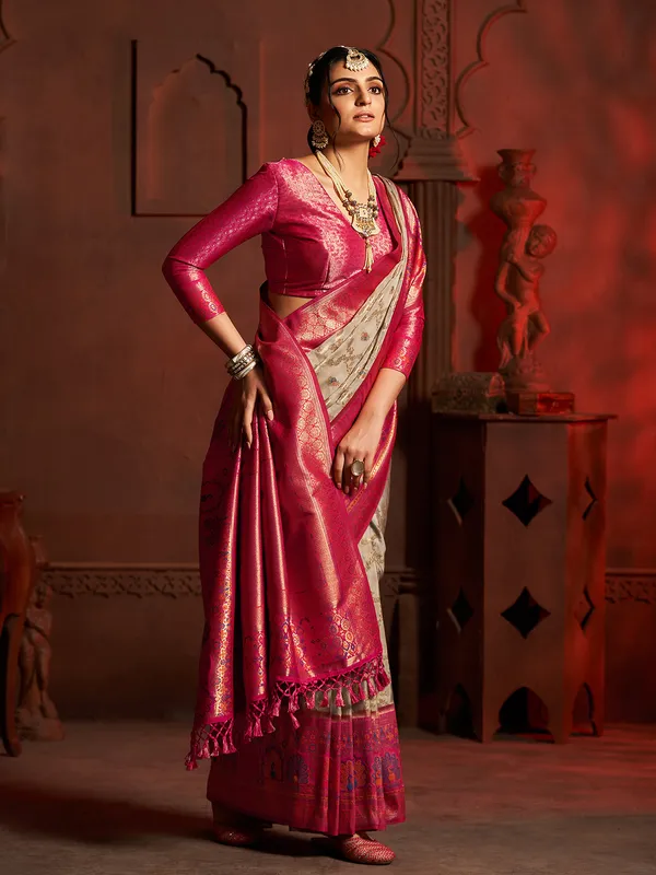 Grey silk zari weaving minakari saree