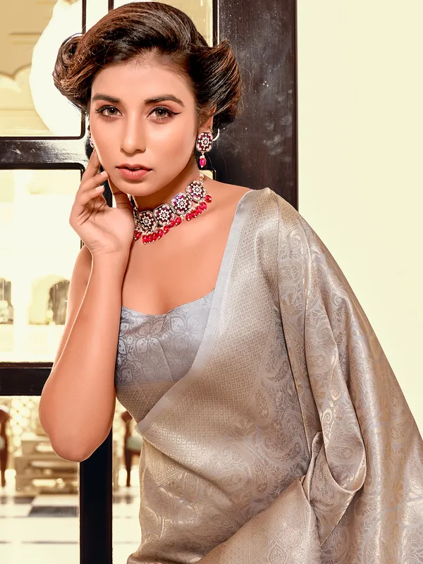 Grey silk zari weaving wedding saree