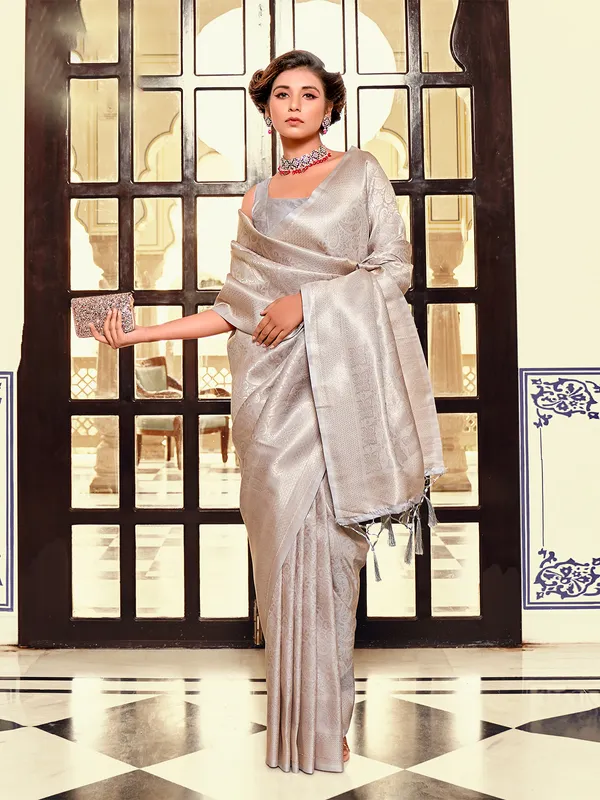 Grey silk zari weaving wedding saree