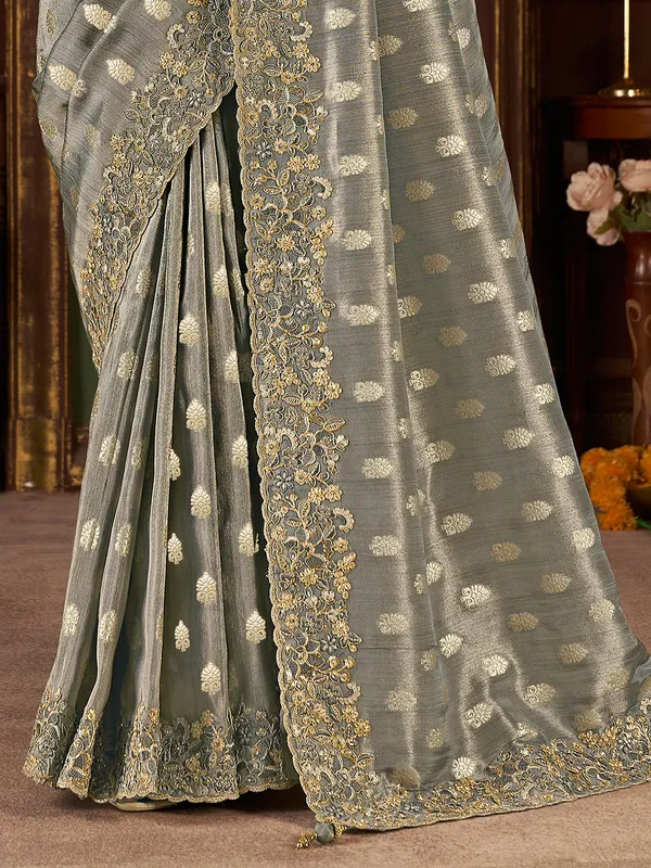 Grey soft silk embroidered work festive saree
