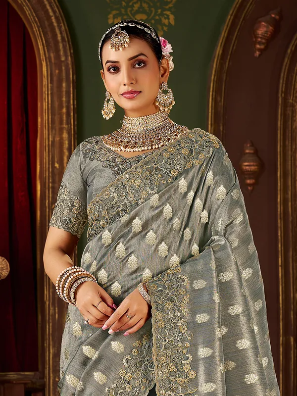 Grey soft silk embroidered work festive saree