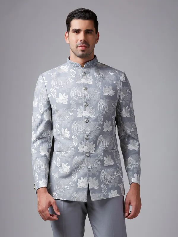 Grey terry rayon embroidery jodhpuri suit