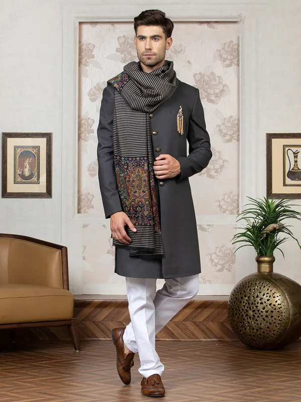 Grey terry rayon indo western for wedding function