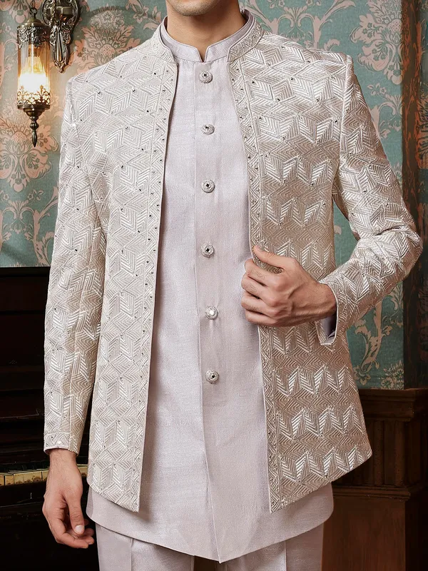 Grey terry rayon reception style Indowestern