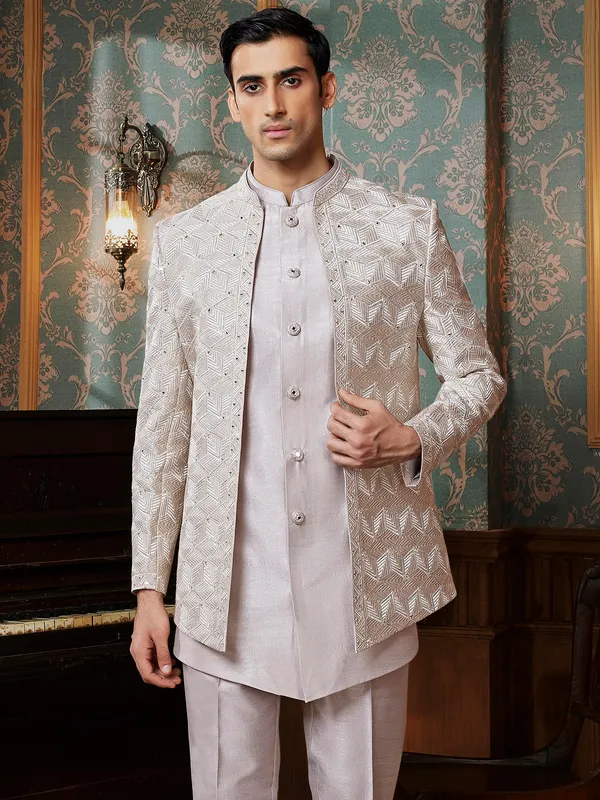 Grey terry rayon reception style Indowestern