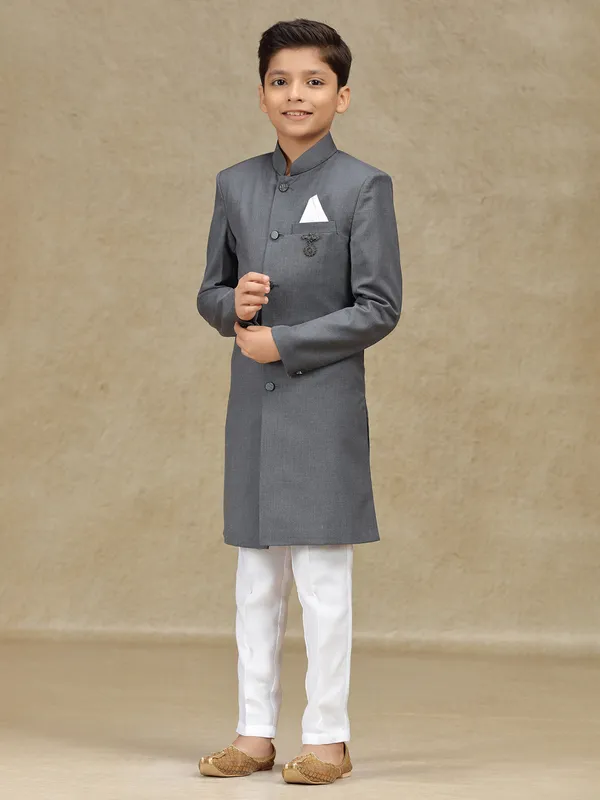 Grey terry rayon reception wear indowestern