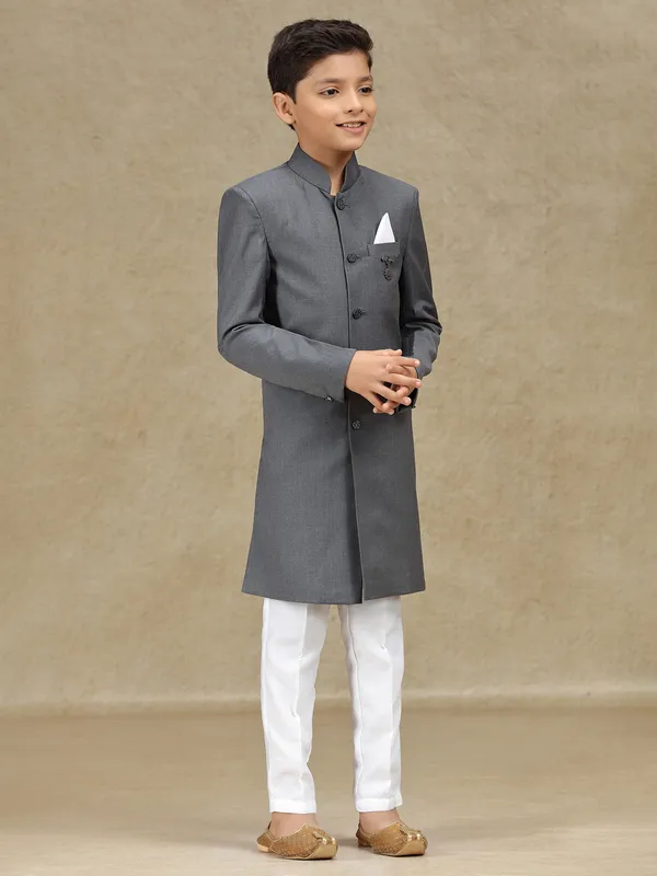 Grey terry rayon reception wear indowestern
