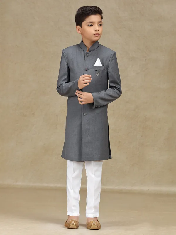 Grey terry rayon reception wear indowestern
