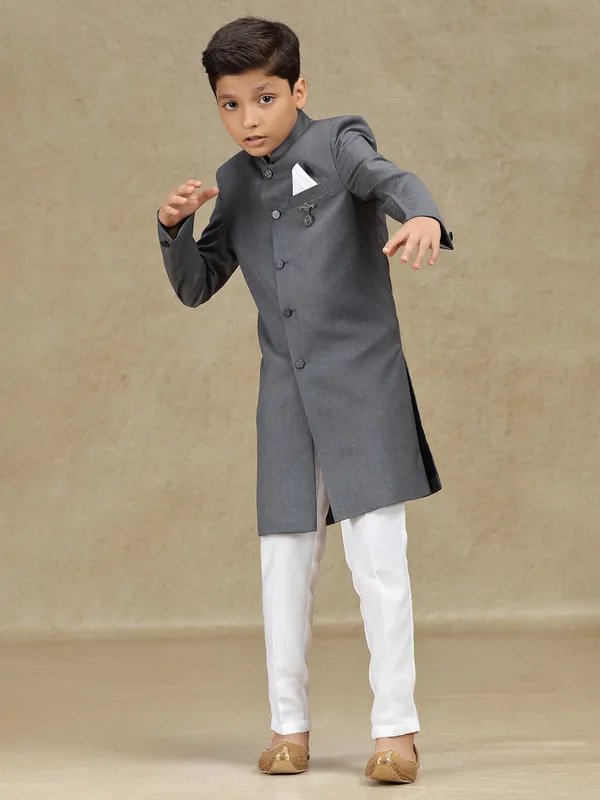 Grey terry rayon reception wear indowestern