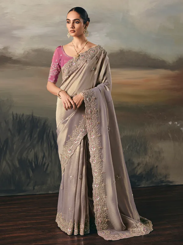 Grey tissue silk elegant wedding saree