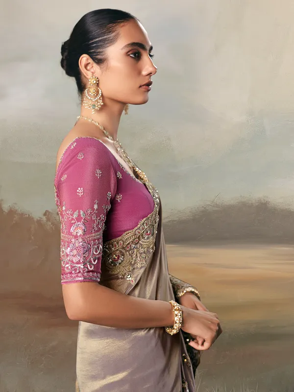 Grey tissue silk elegant wedding saree