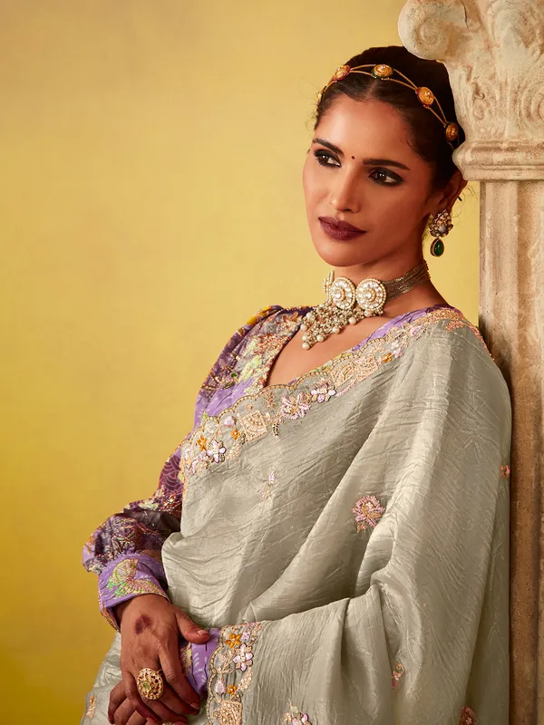 Grey tissue silk festive wear saree