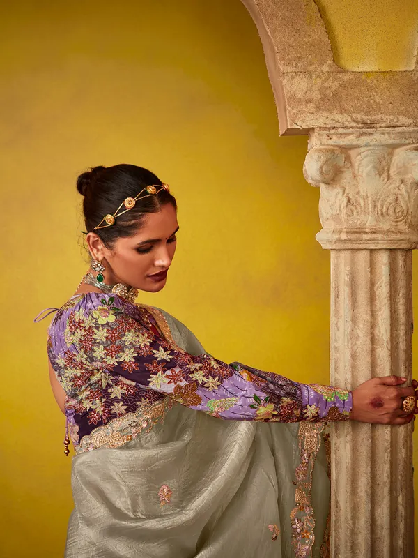 Grey tissue silk festive wear saree