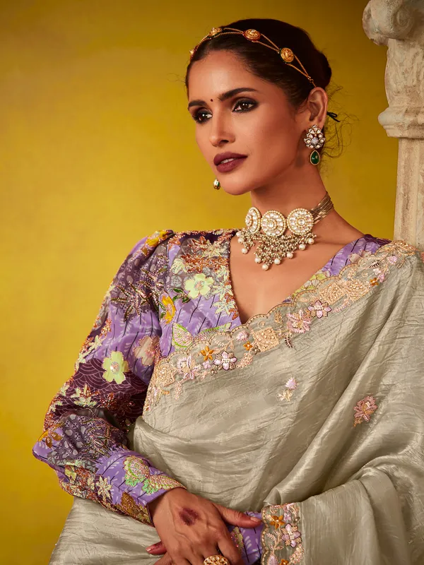 Grey tissue silk festive wear saree