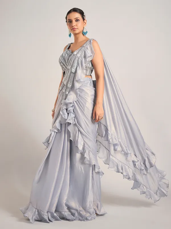 Grey tissue silk party wear saree