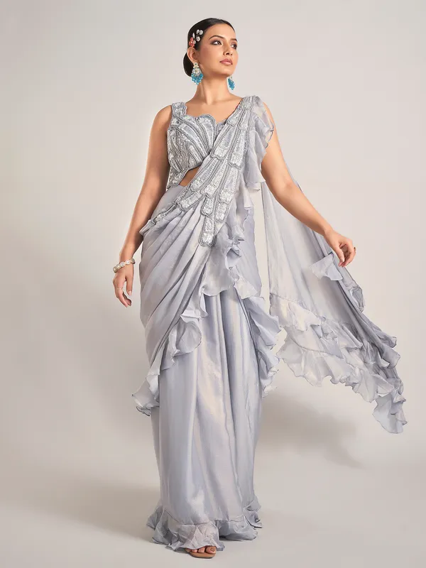 Grey tissue silk party wear saree
