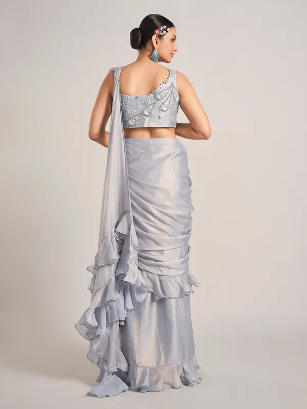 Grey tissue silk party wear saree