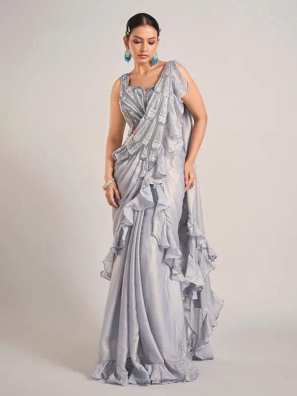 Grey tissue silk party wear saree