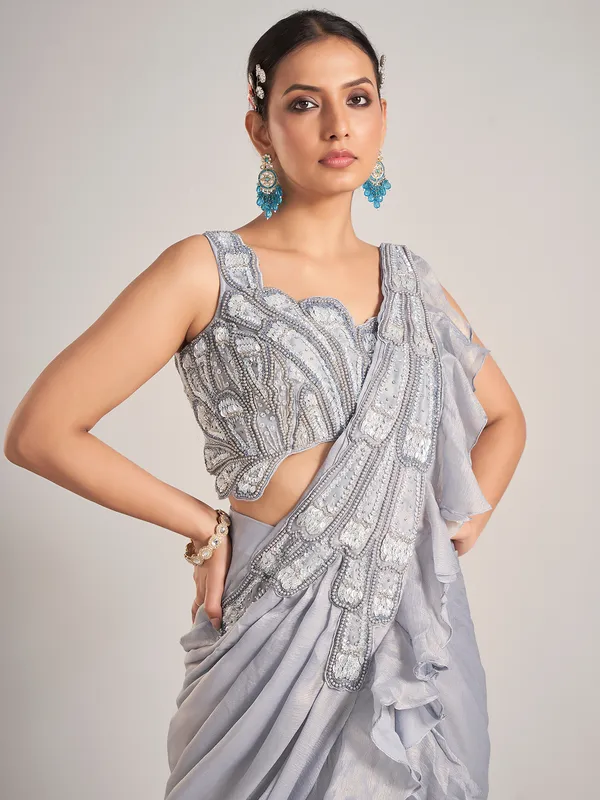 Grey tissue silk party wear saree for women