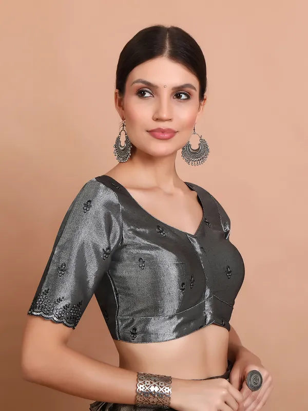 Grey tissue silk ready made blouse with sequin embroidery
