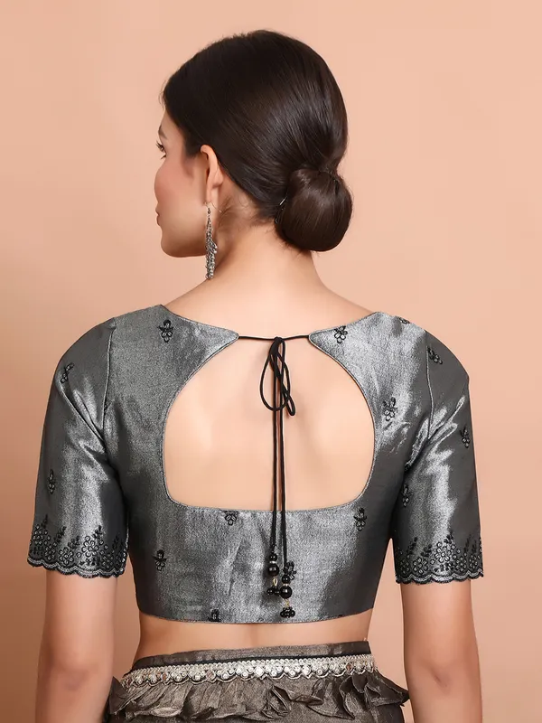Grey tissue silk ready made blouse with sequin embroidery