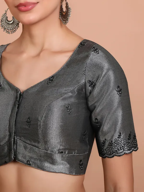 Grey tissue silk ready made blouse with sequin embroidery