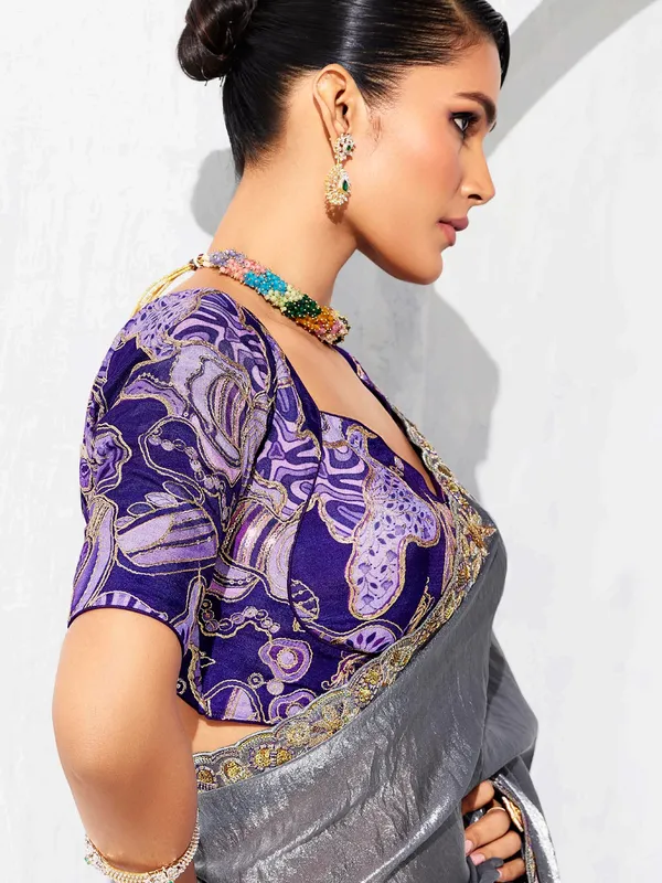 Grey tissue silk saree with resham and sequins accents