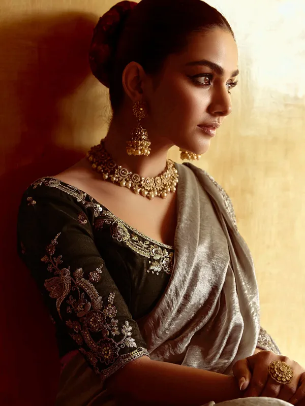 Grey tissue silk saree with sequins work
