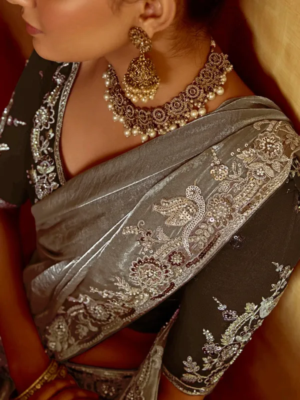 Grey tissue silk saree with sequins work