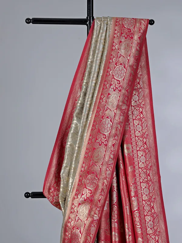 Grey tissue silk saree with thread and zari work