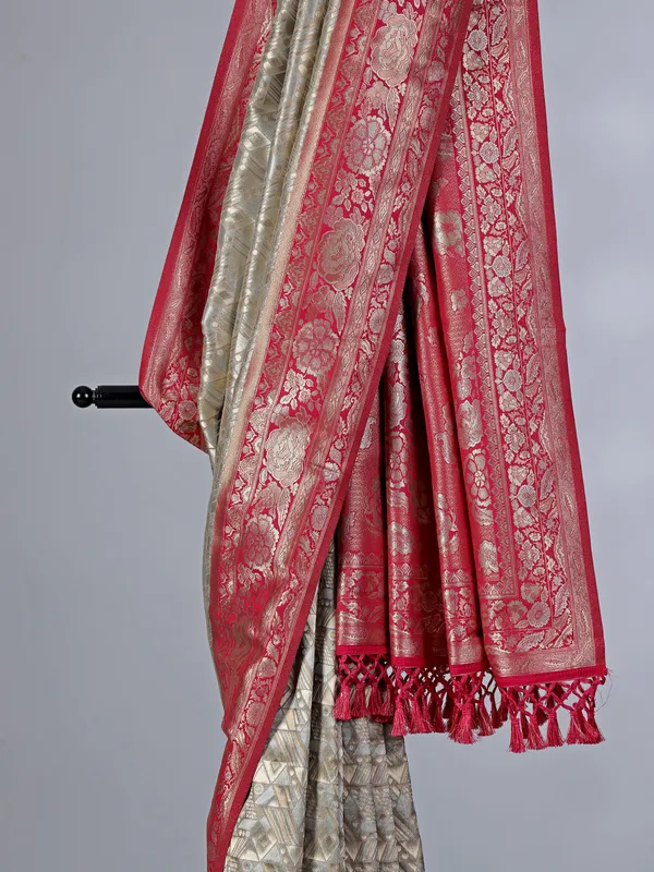 Grey tissue silk saree with thread and zari work